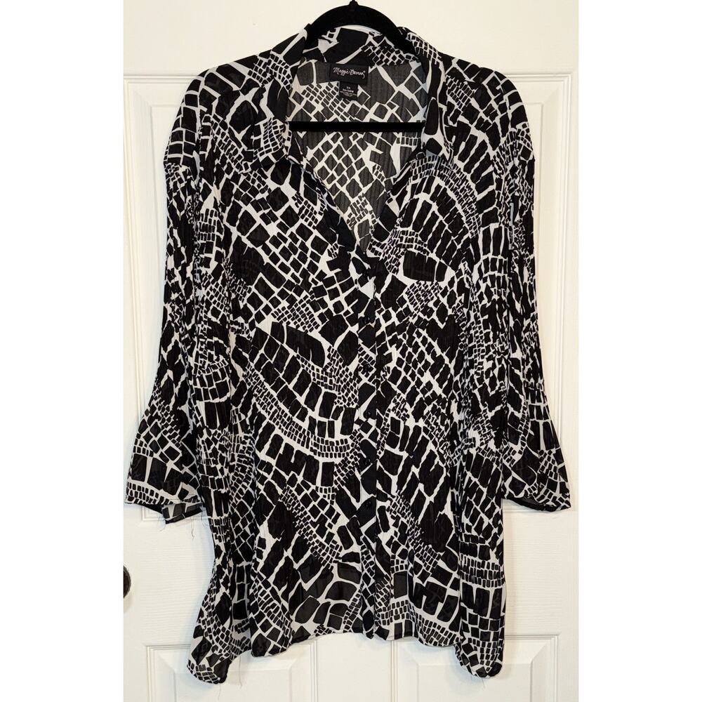 Maggie Barnes Women's Pleated Stretchy Collared Button Up 3/4 Sleeve Size 3X